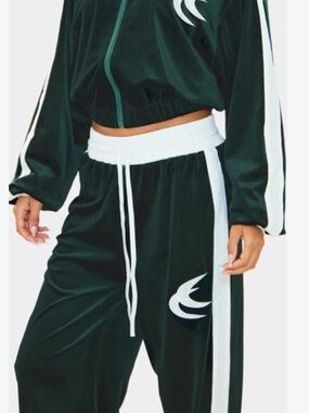EGO Contrast Stripe Embodiered Dark Green Velour Track Pants with White Stripes